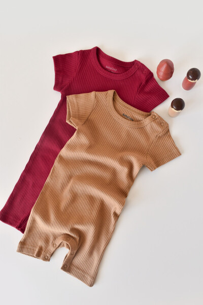 BabyCosy Set of 2 short-sleeved cotton and modal jumpsuits - Red/Brown, 18-24 Months