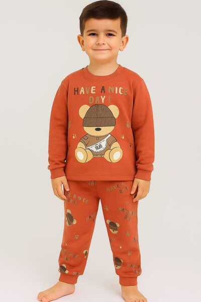 Hümazade Tile Red Teddy Bear 4-5-6 Years Old Children's Top and Bottom Set Pa...