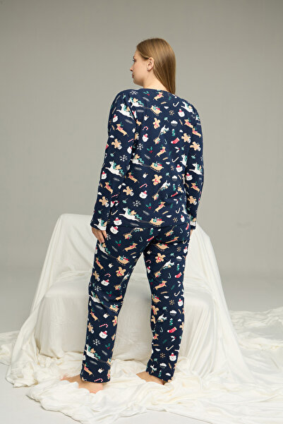 Siyah İnci синій печиво з новорічним малюнком Curve Великий розмір Бавовняний піжамний комплект 25240811