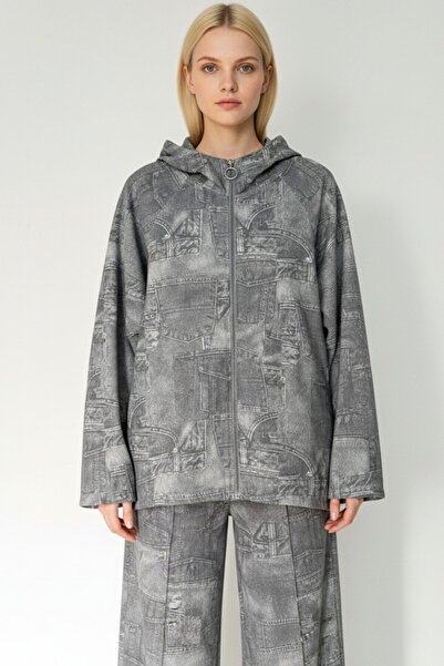 Kübra Tekstil Women's Gray Patchwork Patterned Oversized Pocket Zippered Hooded Slim Jacket - Women's Jacket