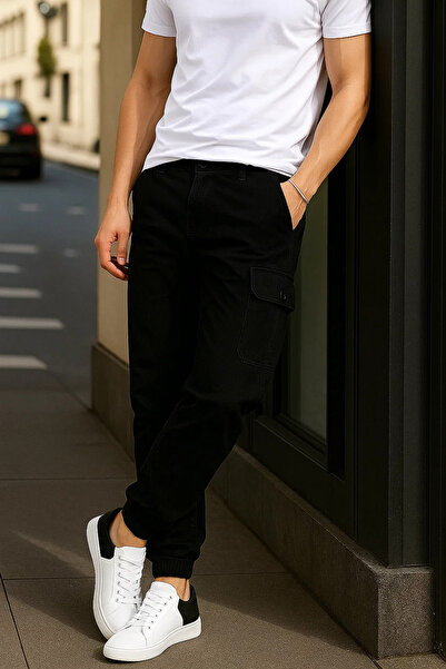 DAMGA JEANS Erkek Lastikli Trend Yüksek Bel Siyah Kargo Pantolon