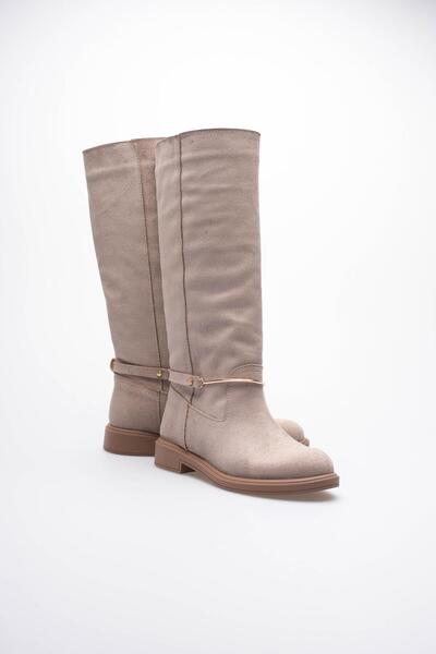 Mubiano Women's Suede Pull-On Boots Gold Buckle Mink Rionna