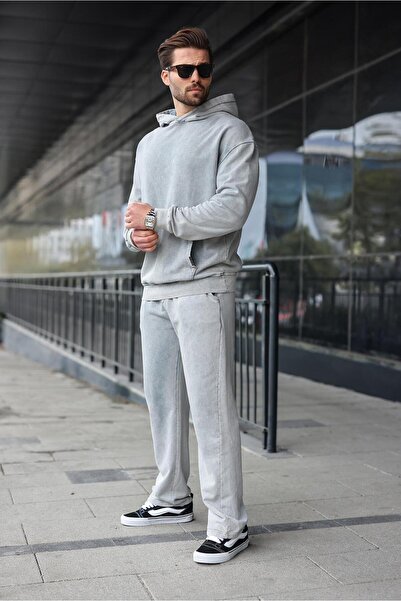 Madmext Painted Gray Kangaroo Pocket Hooded Men's Tracksuit Set E7341