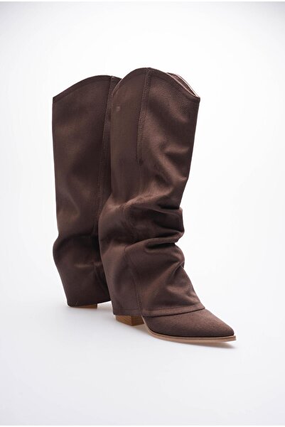 Mubiano Kadın Süet Çizme Körüklü Çekme Western Kahve Merina