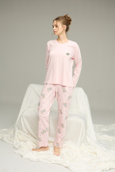 Siyah İnci Pink Teddy Bear Patterned Cotton Crew Neck Knitted Pajama Set 25241134