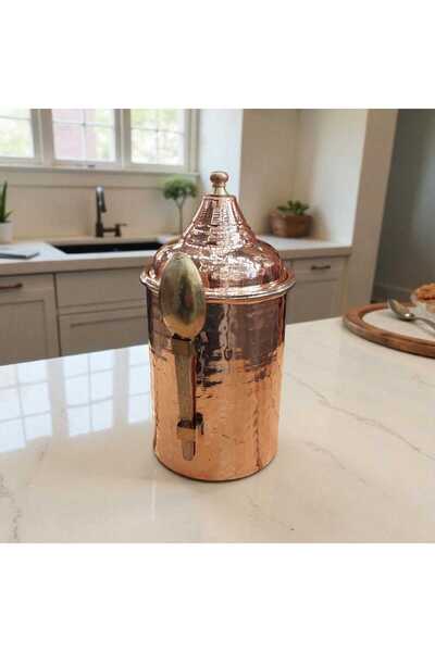 Bakır Center Copper Storage Container Copper Coffee Storage Box with Spoon 17*8 cm Copper Spice Box Stylish Hammered Copper