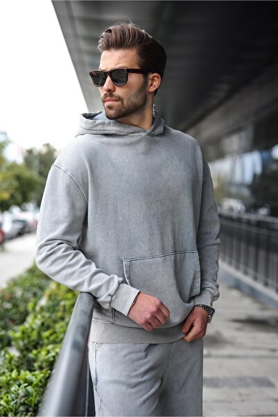 Madmext Βαμμένο γκρι Kangaroo Pocket με κουκούλα Ανδρικό Σετ Φόρμας E7341