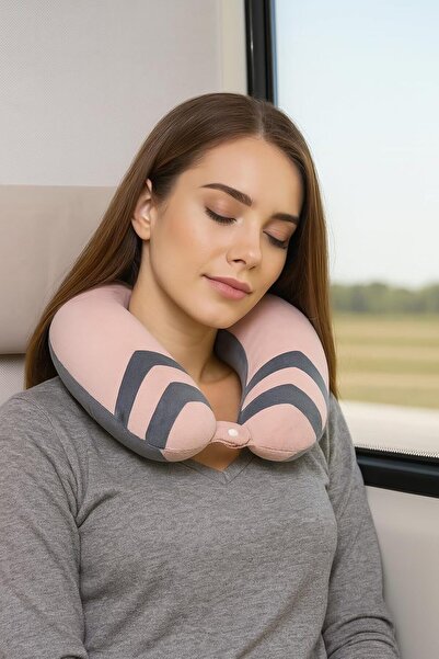 B&D Travel Neck Pillow, U-shaped Memory Foam, Pink & Gray Chevron, Comfortable Support