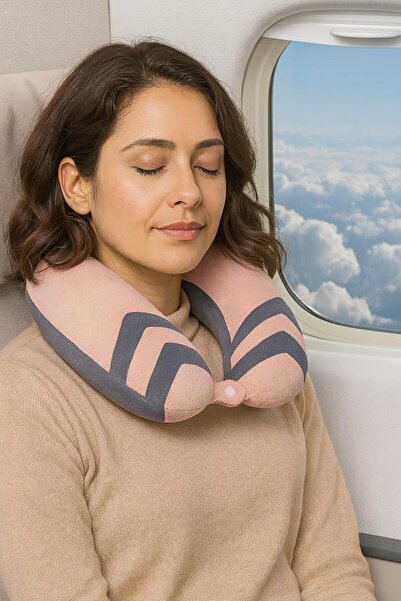 B&D Travel Neck Pillow, U-shaped Memory Foam, Pink & Gray Chevron, Comfortable Support