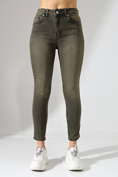 CARLA MARA High Waist Slim Leg Washed Women's Jeans Khaki Gray