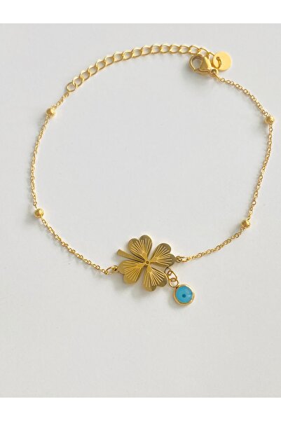 Ustaeller Steel Bracelet with Four Leaf Clover and Blue Bead Detail