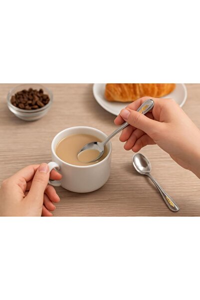 B&D Stainless Steel Tea Spoons with Golden Pattern, Set of 6, Silver