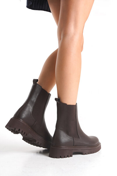 ELAIA SHOES LYON Kahve Suni Deri Lastik Detay Kalın Taban Kadın Bot