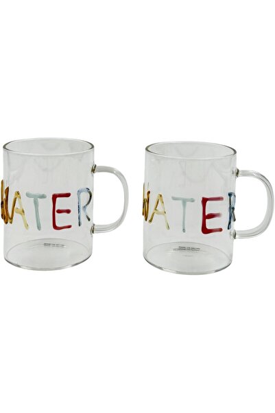 B&D Glass Mug with Decorative Text, 425 ml, Single-Wall, Set of 4