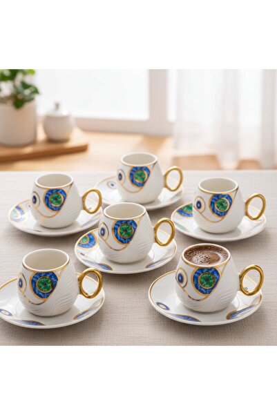 FAIR HOME Evil Eye Nazar Boncuğu Figürlü 6 Kişilik Porselen Kahve Fincan Takımı