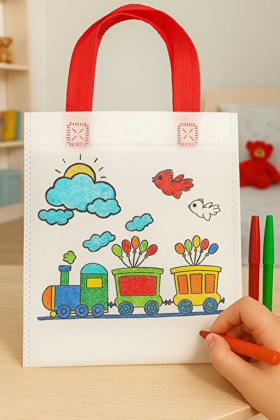 Genel Markalar Temalı Boyanabilir Bez El Çantası – Çocuklar İçin Eğitici Etkinlik Çantası 3 Boya Kalemi Hediyeli