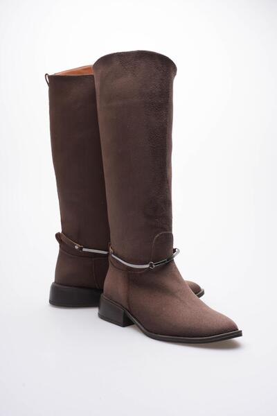 Mubiano Women's Suede Boots with Buckle, Thick Heels, Brown Miretta