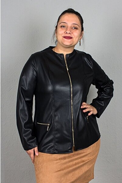 Truva XXL Large Size Stretch Fabric Faux Leather Inside Suede Coat Black