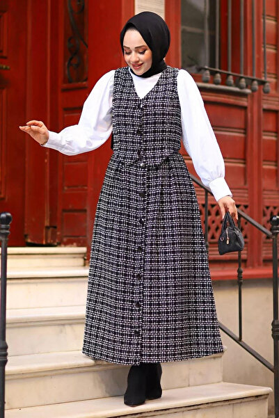 Tesettür Diyarı Γυναικείο γιλέκο με τρία κουμπιά Tweed Hijab Σετ