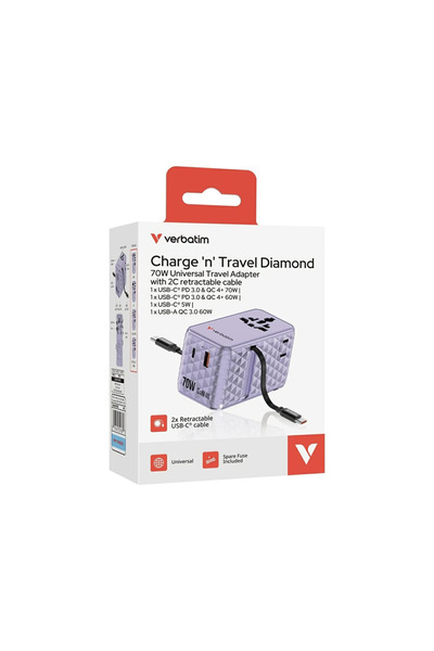 Verbatim Adaptor GaN, 70W, 2 cabluri retractabile, violet USB-C PD 3.0 QC4+ până la 70W/USB-A QC 4+ până la 60W