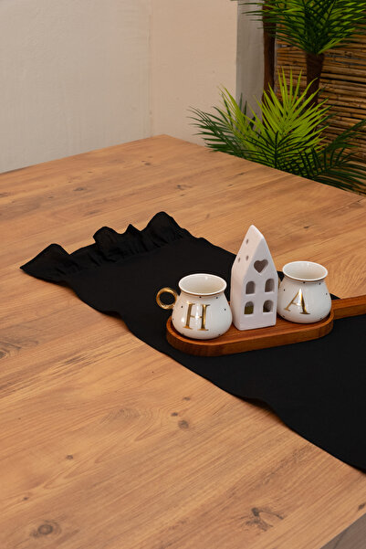 abidehanım Lira |   Black Natural Linen Double Ruffle Runner 40 X 110