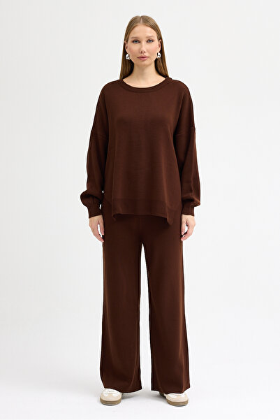 MODAMERSİ Women's Brown Crew Neck Sweater-Pants Knitwear Set