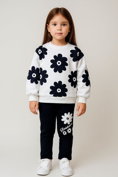 ARBİ kids Costum dublu din țesătură cu trei fire cu imprimeu floral negru pen...