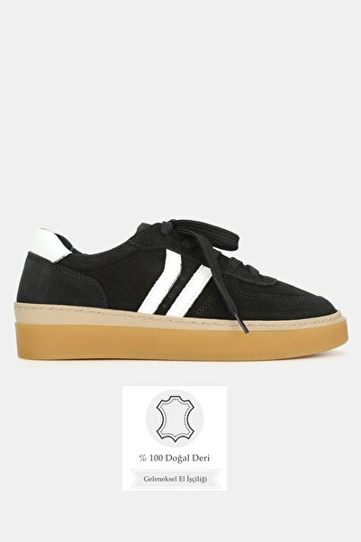 TUNAELLİ Women's Black Suede Genuine Natural Leather Size 36-41 Lace-Up Sneaker Shoes