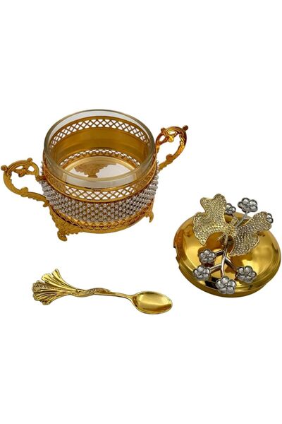 B&D Decorative Date Bowl with Pearlescent Accents, Gold Metal Stand & Decorative Lid
