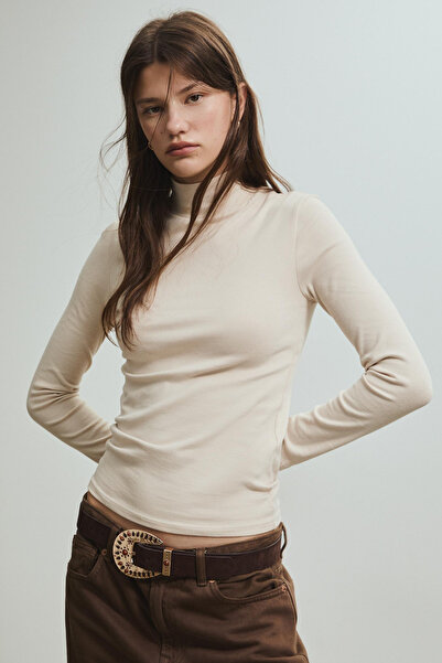 VODENS Women's Beige Mock Neck Soft Textured Basic Long Sleeve T-Shirt