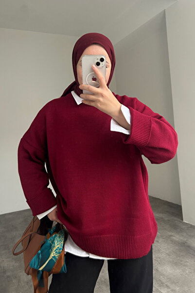 HYWONA سترة نسائية تريكو قصة فضفاضة برقبة دائرية باللون الأحمر الداكن