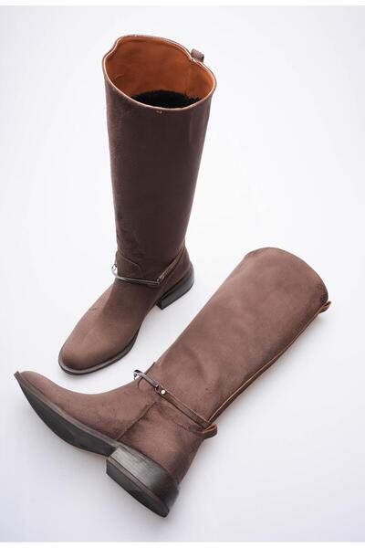 Mubiano Women's Suede Boots with Buckle, Thick Heels, Brown Miretta