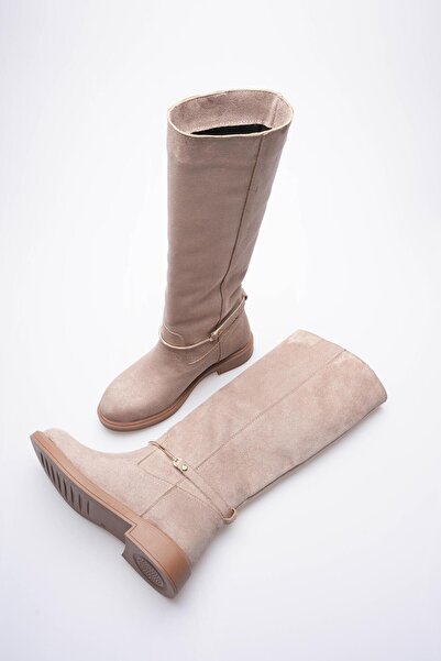 Mubiano Women's Suede Pull-On Boots Gold Buckle Mink Rionna