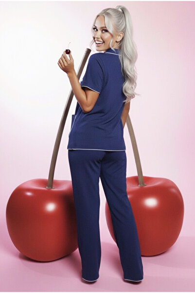 Siyah İnci lacivert Kiraz Nakışlı Cepli Bürümcük-Krınkıl Kısa Kollu Düğmeli Örme Pijama Takım 7940