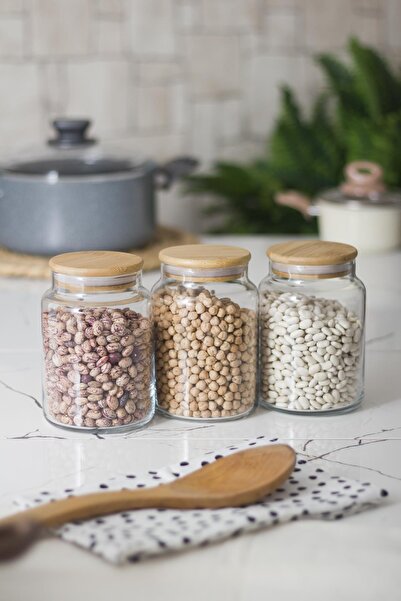 Mustran Set of 3 Glass Jar with Bamboo Lid & Food Storage Container 800 ml Medium Size (Vacuum Lid)