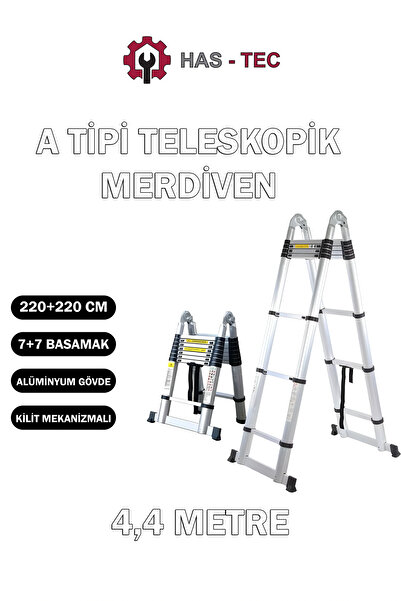 HAS-TEC 7+7 Basamaklı Çift Taraflı A Tipi Uzayan Teleskopik Merdiven 4,4 m