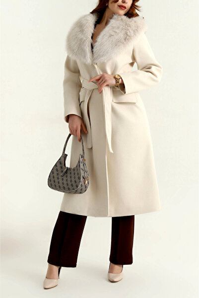 studio fashion 1988 Women's Stone Wool Premium Fur Collar Detail Belted Cashmere Coat