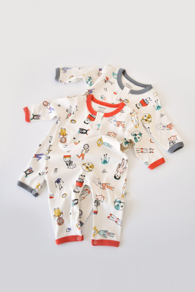 BabyCosy Set of 2 long sleeve jumpsuits and long pants - 100% cotton - Red and Grey, 6-9 months