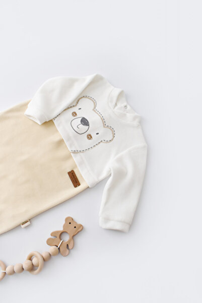 BabyCosy Long-sleeved teddy bear jumpsuit with booties made of 80% cotton and 20% polyester - Cream,