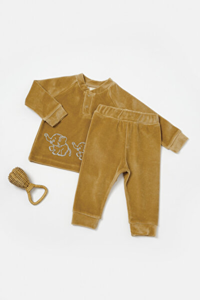 BabyCosy Elephant blouse and pants set, 80% cotton and 20% polyester - Mustard, 18-24 Months