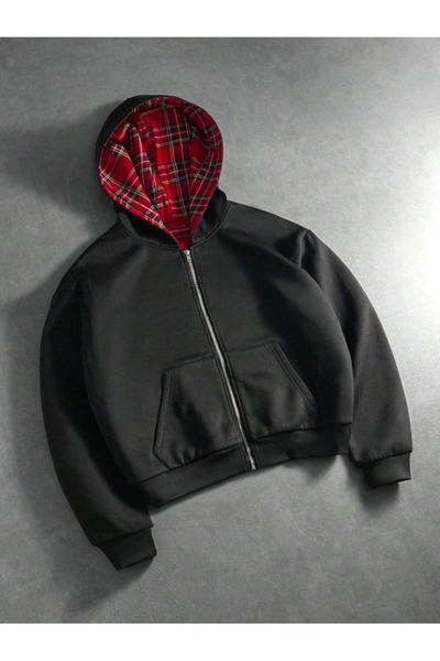 MOONBULL Kadın Kapüşon İçi Ekose Detaylı Fermuarlı Kanguru Cepli Oversize Sweatshirt