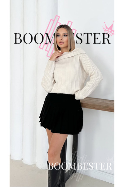 BoomBester Women's Ecru Shoulder Detail Soft Knit Sweater Madonna Collar –