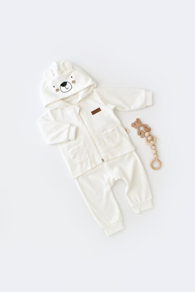 BabyCosy Set Ursulet, bluzita cu fermoar si gluga si pantaloni lungi din 80%b...