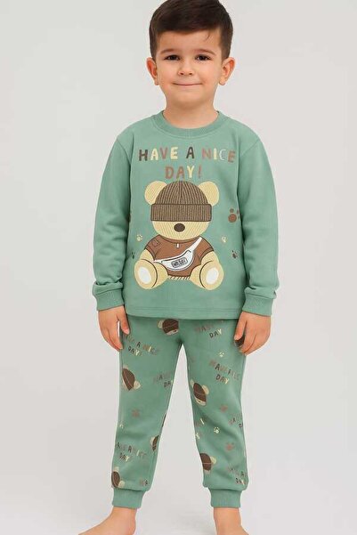 Hümazade Green Teddy Bear 4-5-6 Years Old Children's Top and Bottom Set Pajam...
