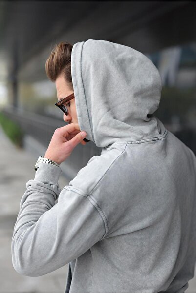 Madmext Painted Gray Kangaroo Pocket Hooded Men's Tracksuit Set E7341