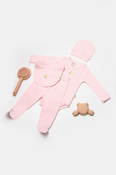 BabyCosy Set 4 piese:body, pantaloni, baveta si caciulita Bamboo, roz, 50% bu...