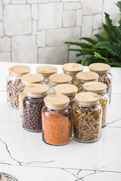 Mustran Set of 12 Glass Jar with Bamboo Lid & Food Storage Container 800 ml Medium Size (Vacuum Lid)