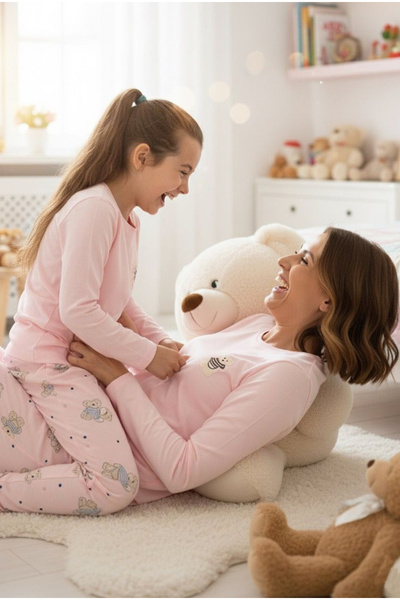 Siyah İnci Pink Teddy Bear Patterned Cotton Crew Neck Knitted Pajama Set 25241134