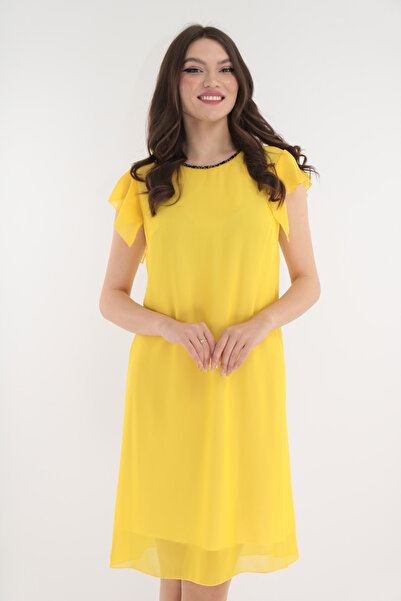 Vanessa Line RO Yellow veil dress with beads at the neckline