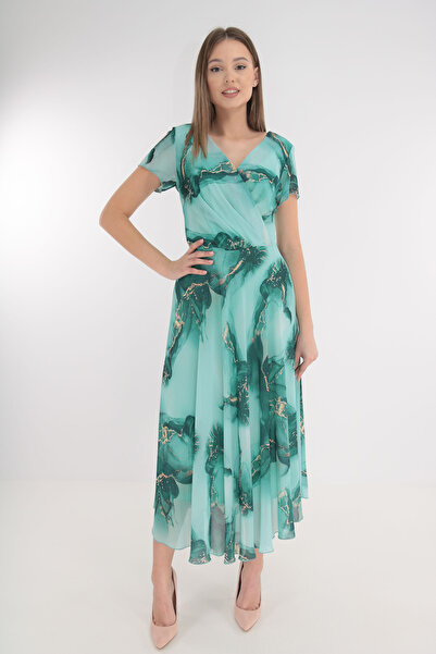 Trend Land Rochie clos din voal vernil cu print abstract si decolteu suprapus